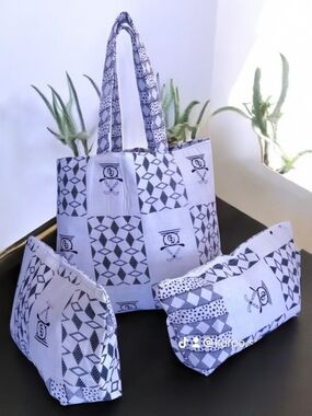 Black & White Geometric Pattern Tote Bag with Matching Pouches
